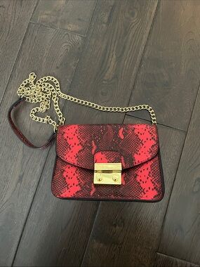 BCBG Red Snake-Print Crossbody with Gold Chain